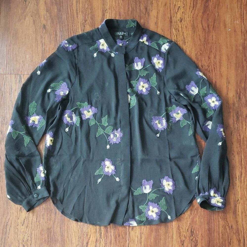 Rag & Bone Black Purple Embroidered Floral Sheer Blouse Size Small Romantic